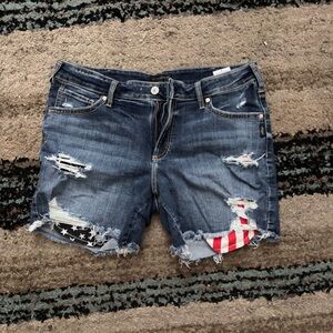 Silver Jeans Blue Distressed Jean Shorts with Flag Detail